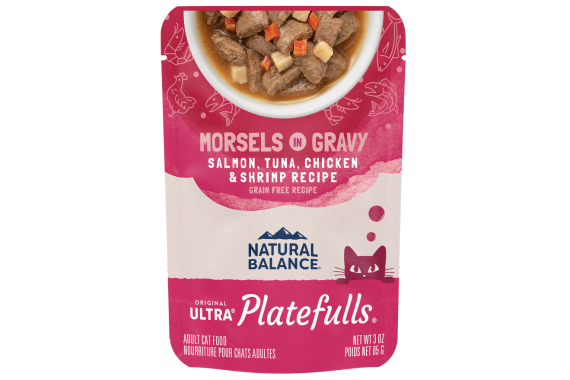 FEATURING OUR ORIGINAL ULTRA PLATEFULLS SALMON, TUNA, CHICKEN & SHRIMP RECIPE MORSELS IN GRAVY 